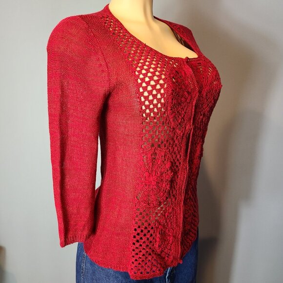 Vintage Jewel Red Parisian Open Knit Sweater Cottage Size Small Holiday Fairy - Picture 4 of 10